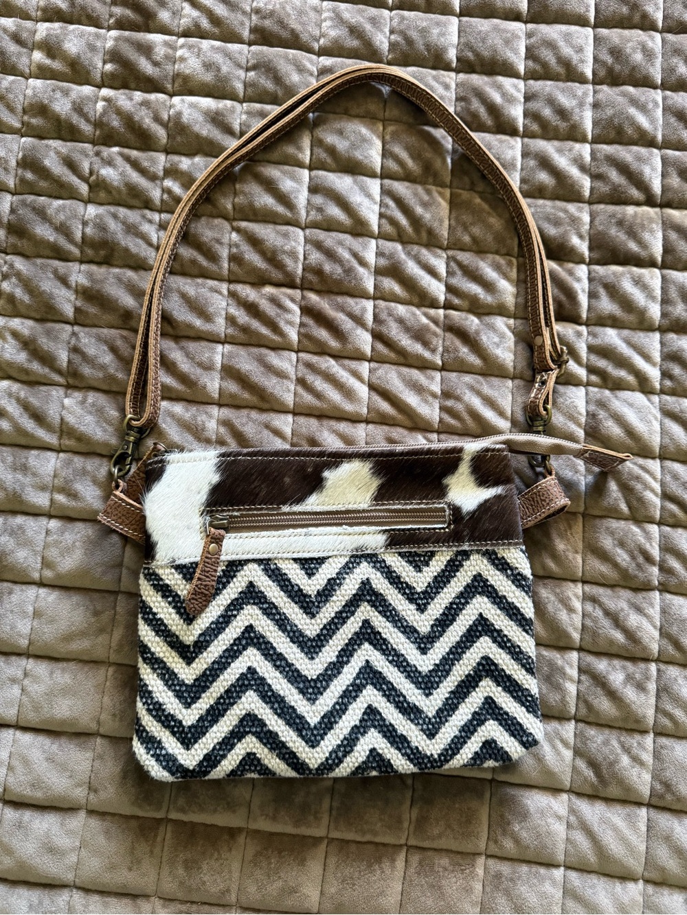 Myra Bag Chevron Canvas Crossbody with Brown Cowhide Genuine Leather